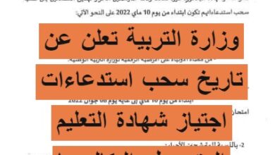 وزارة التربية تعلن عن تاريخ سحب استدعاءات اجتياز شهادة التعليم المتوسط والبكالوريا