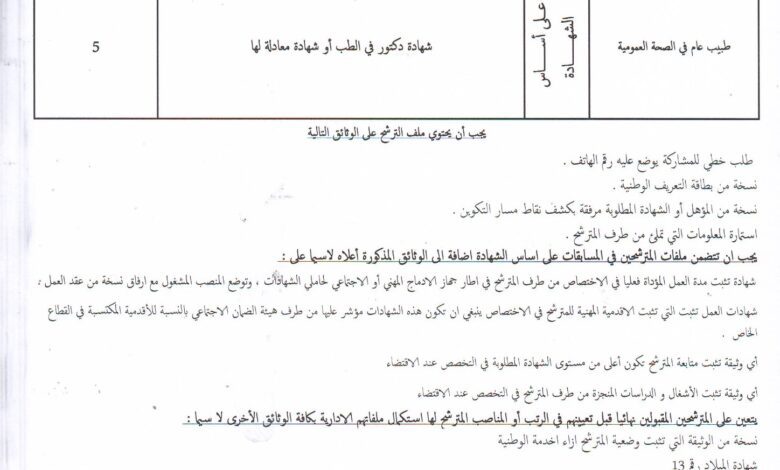 اعلان توظيف بالمؤسسة العمومية للصحة الجوارية عين الذهب تيارت