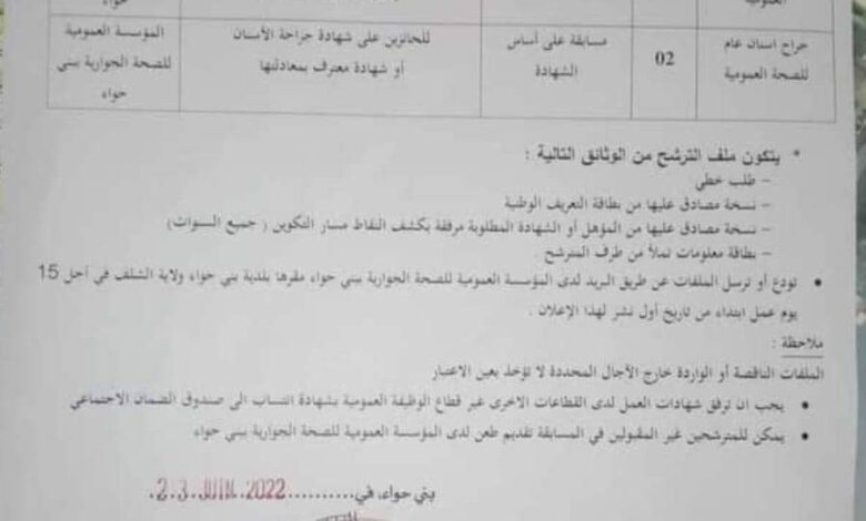 اعلان توظيف بمؤسسة العمومية للصحة الجوارية بني حواء ولاية الشلف