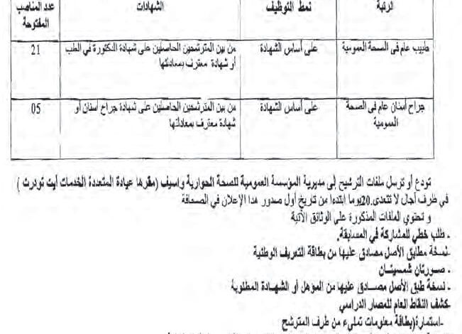اعلان توظيف بمؤسسة العمومية للصحة الجوارية واسيف تيزي وزو