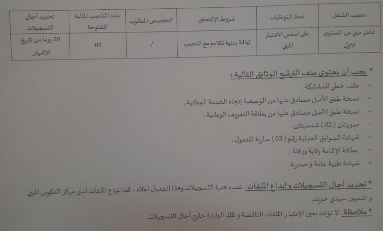 اعلان توظيف بمركز التكوين المهني والتمهين سدي خويلد بولاية ورقلة