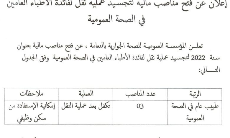 اعلان توظيف بمؤسسة العمومية للصحة الجوارية النعامة
