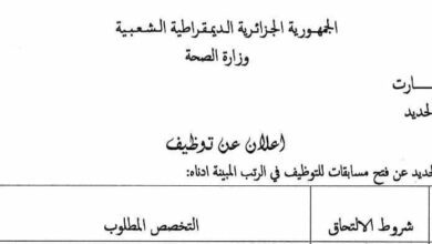 اعلان توظيف بالمؤسسة العمومية للصحة الجوارية بعين الحديد تيارت