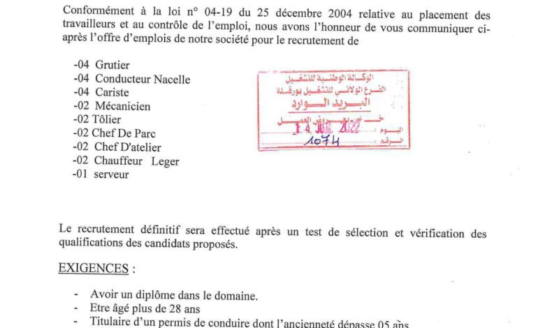 عرض عمل بشركة تأجير المعدات والأشغال العمومية