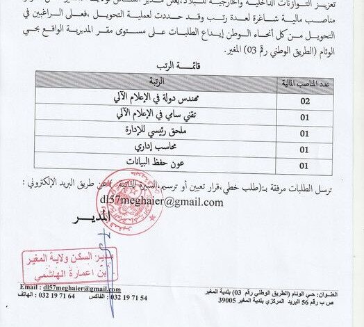 اعلان عن مناصب شاغرة بالمديرية السكن لولاية المغير