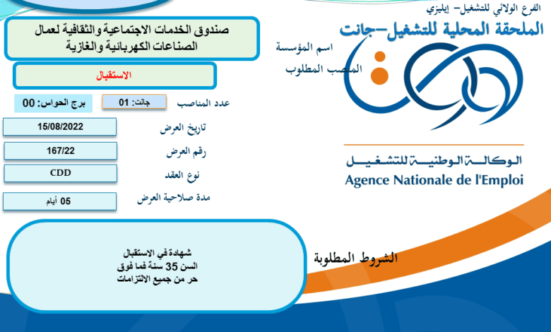 عرض عمل بالصندوق الخدمات الاجتماعية والثقافية لعمال الصناعات الكهربائية والغازية بجانت