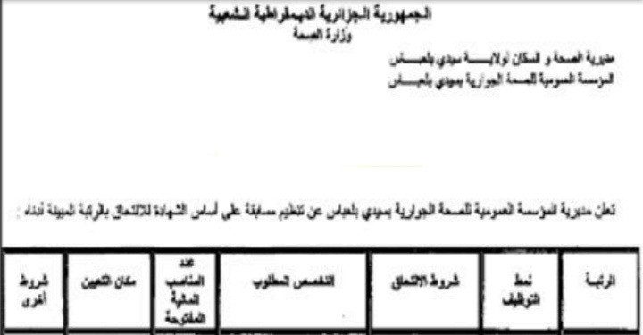 اعلان توظيف بالمؤسسة العمومية للصحة الجوارية سيدي بلعباس