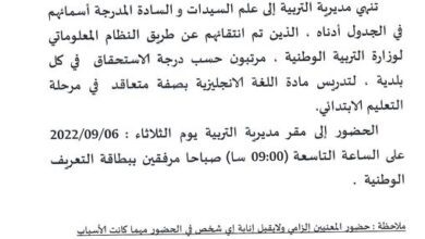 المترشحين المقبولين لتدريس مادة اللغة الانجليزية في التعليم الابتدائي بولاية البليدة