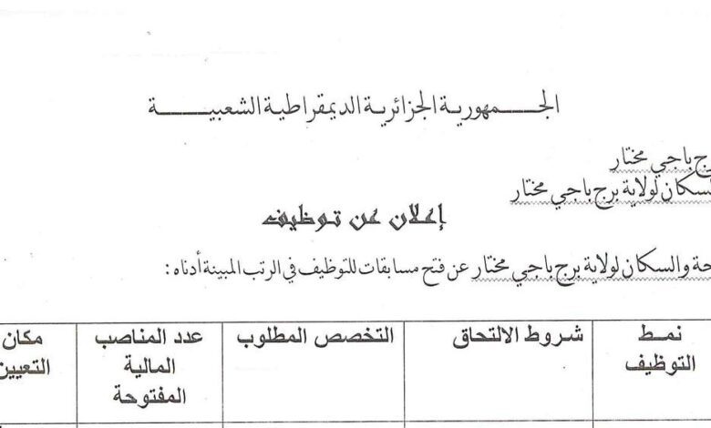 اعلان توظيف بالمديرية الصحة والسكان لولاية برج باجي مختار