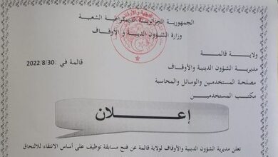 اعلان توظيف بالمديرية الشؤون الدينية والأوقاف لولاية قالمة