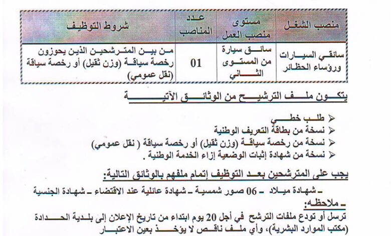 اعلان توظيف ببلدية الحدادة سوق أهراس