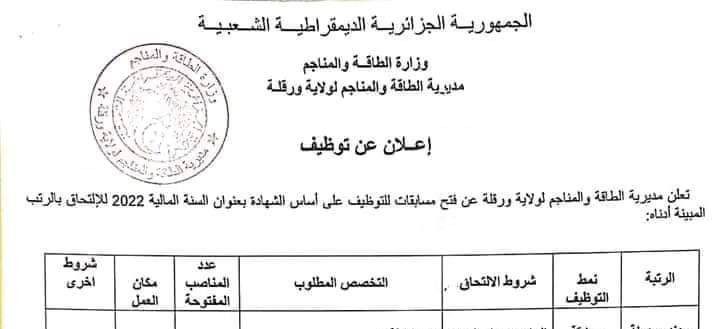 اعلان توظيف بالمديرية الطاقة والمناجم ورقلة