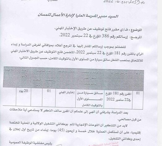 اعلان توظيف بمفتشية الوظيفة العمومية لولاية تلمسان