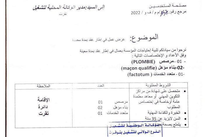 عرض عمل بمؤسسة التسيير السياحي بسكرة