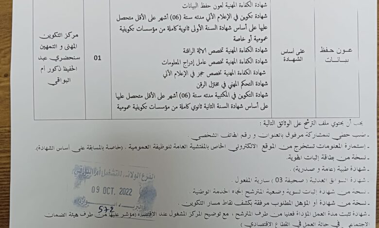اعلان توظيف بمركز التكوين المهني والتمهين سنحضري عبد الحفيظ ذكور أم البواقي