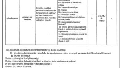 اعلان توظيف بمديرية الشباب والرياضة تندوف