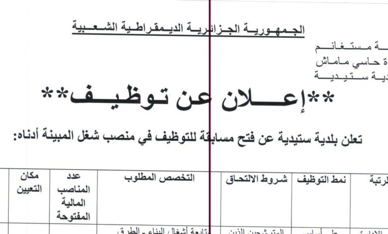 اعلان توظيف ببلدية ستيدية ولاية مستغانم
