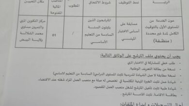 اعلان توظيف بمركز التكوين المهني مساوي محمد بالشلالة البيض
