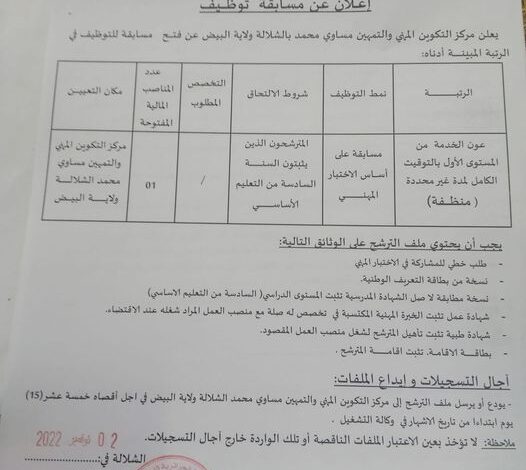 اعلان توظيف بمركز التكوين المهني مساوي محمد بالشلالة البيض