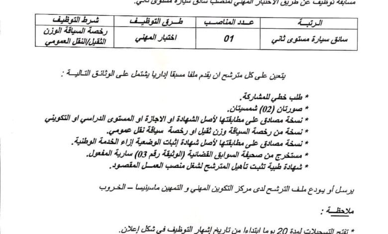 اعلان توظيف بمركز التكوين المهني والتمهين الشهيد سعادة صالح بالخروب بولاية قسنطينة
