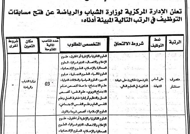 اعلان مسابقة وطنية بالادارة المركزية لوزارة الشباب والرياضة