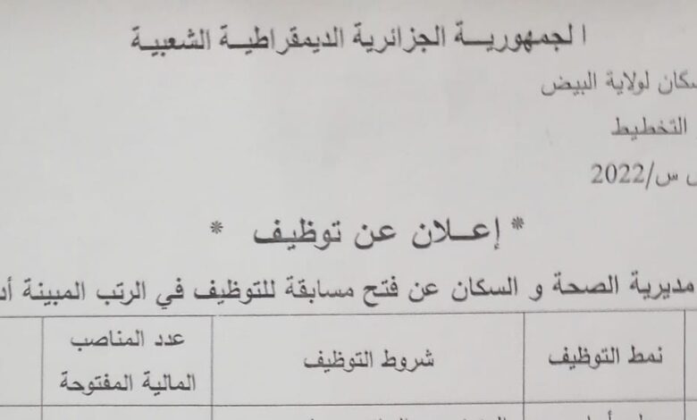 اعلان توظيف بمديرية الصحة والسكان لولاية البيض