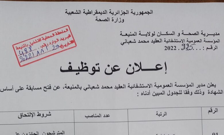 اعلان توظيف بالمؤسسة العمومية الاستشفائية العقيد محمد شعباني بالمنيعة