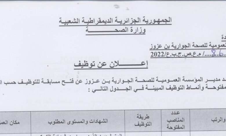 اعلان توظيف بالمؤسسة العمومية للصحة الجوارية بن عزوز سكيكدة