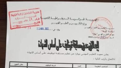 اعلان توظيف بمعهد التعليم المهني بوقرة البليدة