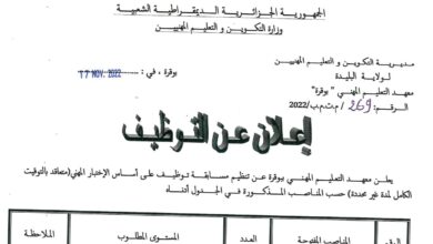 اعلان توظيف بمعهد التعليم المهني بوقرة البليدة