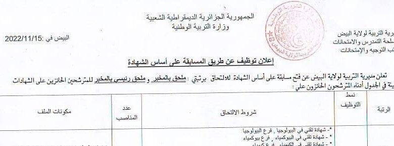اعلان توظيف بمديرية التربية لولاية البيض