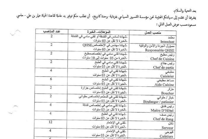 عرض عمل بمؤسسة التسيير السياحي بغرداية