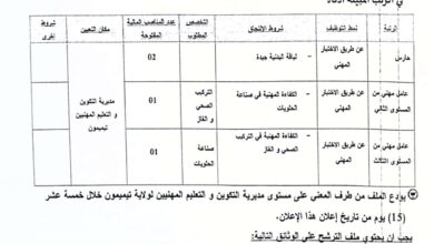 اعلان توظيف بمديرية التكوين المهني والتمهين تيميمون