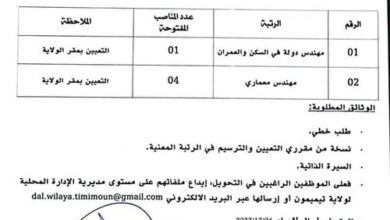 اعلان توظيف بمديرية الادارة المحلية لولاية تيميمون