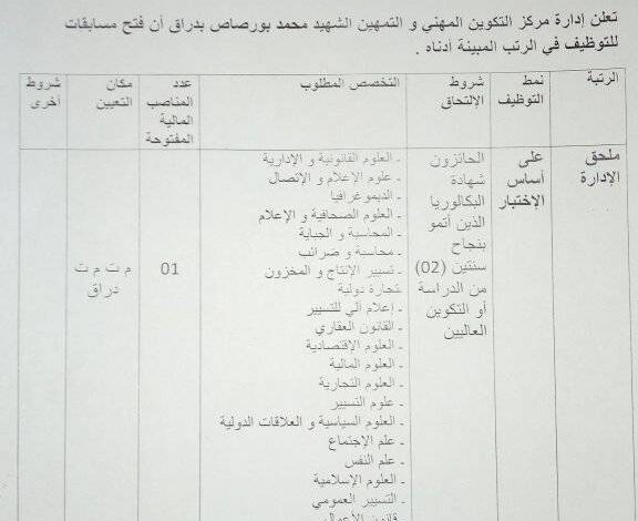 اعلان توظيف بمركز التكوين المهني والتمهين الشهيد محمد بورصاص دراق قصر البخاري