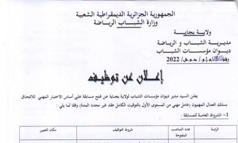 اعلان توظيف بديوان مؤسسات الشباب لولاية بجاية