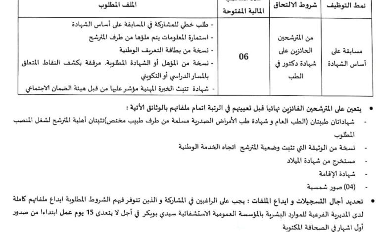 اعلان توظيف بالمؤسسة العمومية الاستشفائية صدوقي عبد القادر سعيدة
