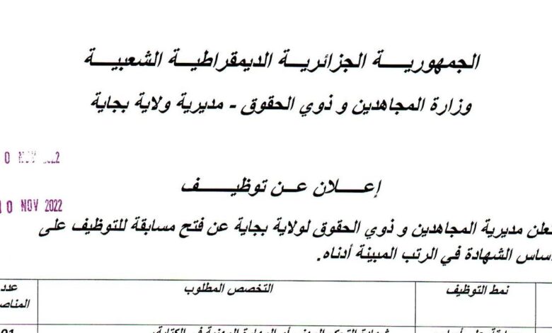 اعلان توظيف بمديرية المجاهدين لولاية بجاية