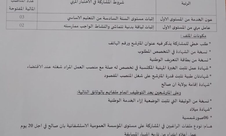 اعلان توظيف بالمؤسسة العمومية الاستشفائية عين صالح