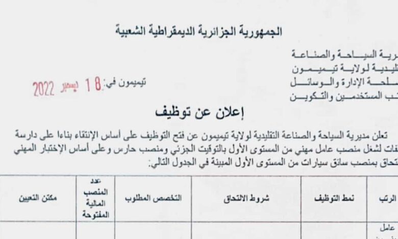اعلان توظيف بمديرية السياحة والصناعة التقليدية لولاية تيميمون