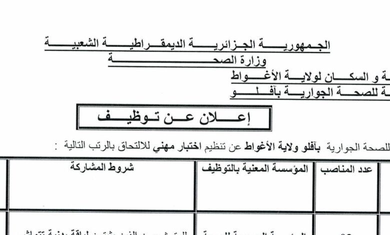 إعلان توظيف بمؤسسة العمومية للصحة الجوارية بآفلو الأغواط