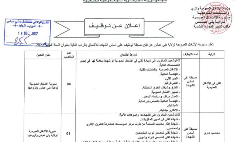 اعلان توظيف بمديرية الأشغال العمومية لولاية بني عباس