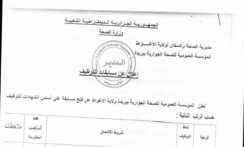 اعلان توظيف بالمؤسسة العمومية للصحة الجوارية ببريدة الأغواط