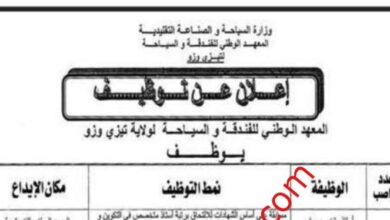 اعلان توظيف بالمعهد الوطني للفندقة و السياحة لولاية تيزي وزو