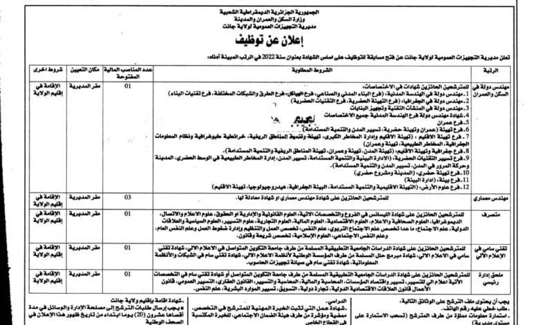 اعلان توظيف بمديرية التجهيزات العمومية لولاية جانت