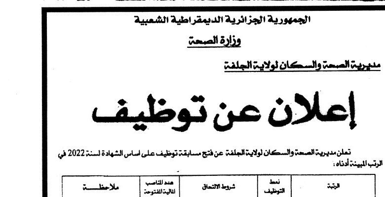 اعلان توظيف بمديرية الصحة والسكان لولاية الجلفة