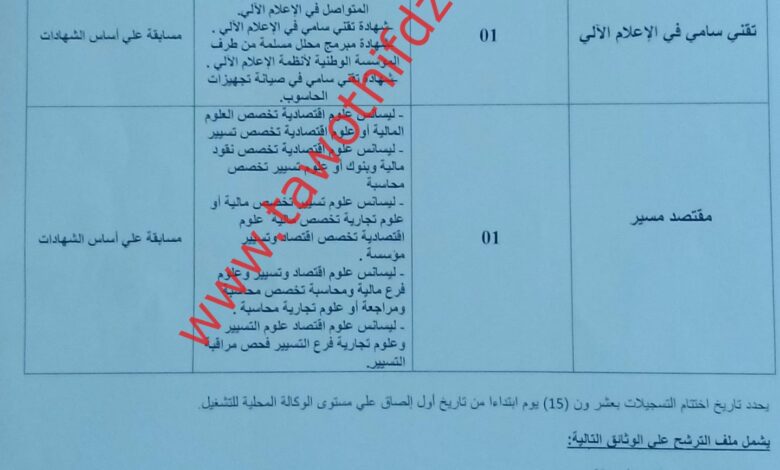 اعلان توظيف بمركز التكوين المهني والتمهين بعين الطلبة بولاية عين تموشنت