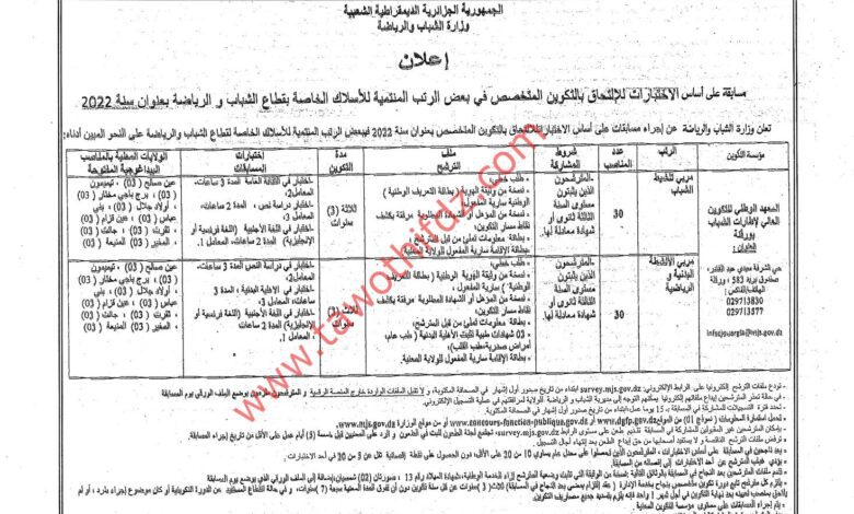 اعلان مسابقة توظيف بوزارة الشباب والرياضة بولايات الجديدة