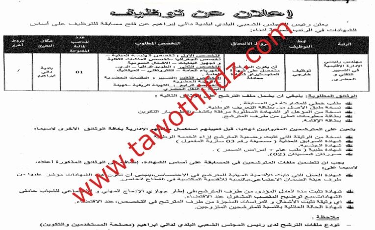 اعلان توظيف ببلدية دالي براهيم الجزائر