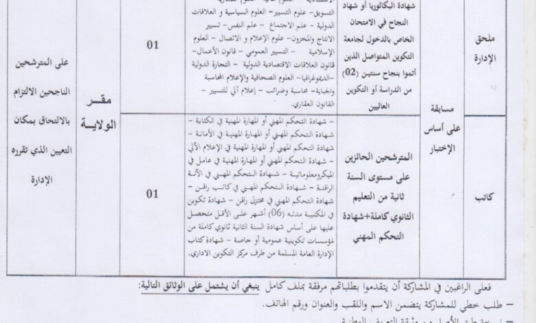 اعلان توظيف بمديرية الادارة المحلية لولاية بسكرة